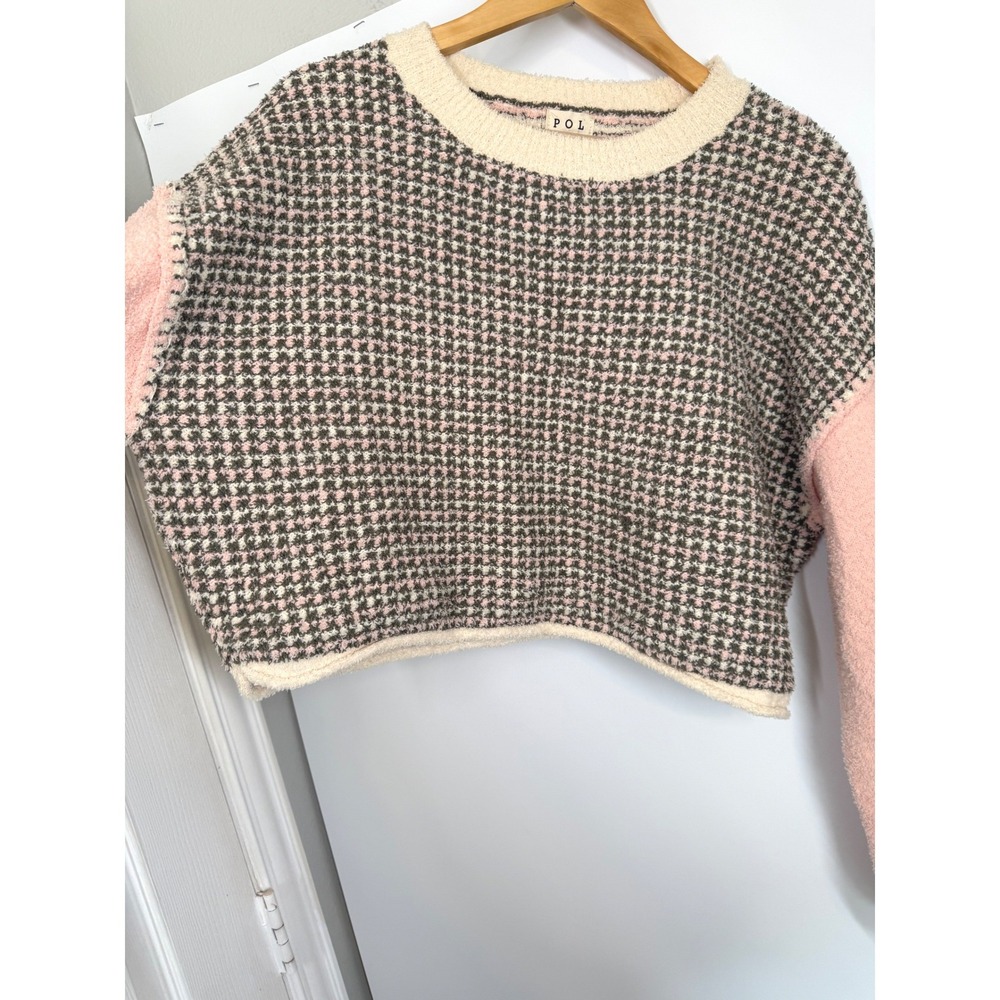 POL Cropped Sweater Pink Soft Fuzzy Button Detail Sleeve Women's L Boho Cozy - Picture 4 of 10